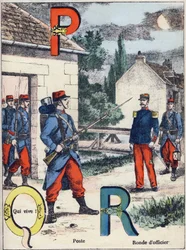 Letras P Q y R: Posta, ¡Quién vive! y Ronda del Oficial. Grabado en "Alfabeto militar", serie Grand-Bebe. Grabado. Imágenes de Pont-a-Mousson. Louis Vagne, Impresor-Editor, circa 1900. Ilustraciones de G. Dascher. 20 páginas. Dim: 31,5x24,5cm