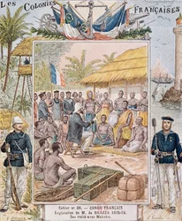 La exploración de M. de Brazza (1875-79) Su tratado con Makoko, ilustración de 