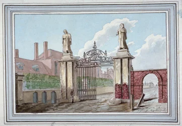 Entrada a las casas de beneficencia de los merceros en Pitfield Street, Shoreditch, Londres, c. 1830