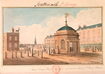 Gran Camino de Dover y vista distante de la Iglesia de San Jorge, Southwark, Londres, 1825