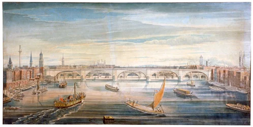 Vista del nuevo Puente de Londres desde el oeste, con barcos y barcazas en el Támesis, 1831