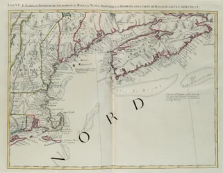 Acadia, las Provincias de Sagadahoc y Maine, New Hampshire, Rhode Island y parte de Massachusetts y Connecticut, grabado por G. Zuliani tomado del Tomo I del "Atlas Más Nuevo" publicado en Venecia en 1778 por Antonio Zatta, Colección Privada