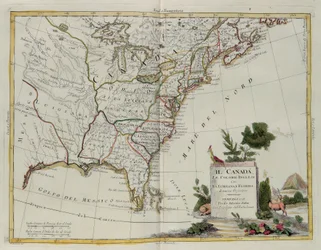 Canadá, las Colonias Inglesas con Luisiana y Florida, grabado por G. Zuliani tomado del Tomo I del Nuevo Atlas publicado en Venecia en 1778 por Antonio Zatta, Colección Privada