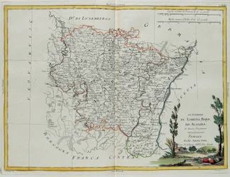Gobernaciones de Lorena, Barr y Alsacia, grabado por G. Zuliani tomado del Tomo I del "Atlas Más Nuevo" publicado en Venecia por Antonio Zatta, Colección Privada