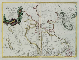 Bahía de Hudson, Tierra de Labrador y Groenlandia con las islas adyacentes, grabado por G. Zuliani tomado del Tomo I del "Atlas Más Nuevo" publicado en Venecia en 1778 por Antonio Zatta, Colección Privada