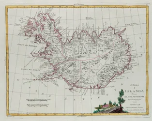 Islandia dividida en sus distritos, grabado por G. Zuliani tomado del Tomo III del "Atlas Más Nuevo" publicado en Venecia en 1781 por Antonio Zatta, Colección Privada