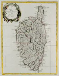Isla de Córcega dividida en sus provincias, grabado por G. Zuliani tomado del Tomo II del "Atlas Más Nuevo" publicado en Venecia en 1782 por Antonio Zatta, Colección Privada