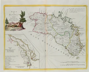 Isla de Menorca y el plano del puerto y la ciudad de Mahón y sus Fortalezas, grabado por G. Zuliani tomado del Tomo I del "Atlas Más Nuevo" publicado en Venecia en 1778 por Antonio Zatta, Colección Privada