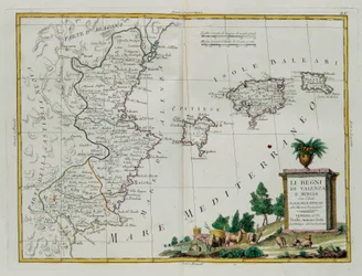 Reinos de Valencia y Murcia con las Islas Baleares y Pitiusas, grabado por G. Zuliani tomado del Tomo I del Nuevo Atlas publicado en Venecia en 1775 por Antonio Zatta, Colección Privada