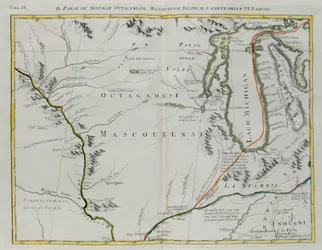 Tierra de los indios outagamie, mascoutin e illinois y de parte de las Seis Naciones, grabado de G. Zuliani tomado del tomo I del «Atlas más reciente», publicado en Venecia en 1778 por Antonio Zatta, colección privada