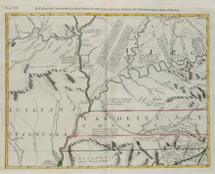 Tierra de los Cherokees con la parte occidental de Carolina del Norte y Virginia, grabado por G. Zuliani tomado del Tomo I del "Atlas más nuevo" publicado en Venecia en 1778 por Antonio Zatta, Colección Privada