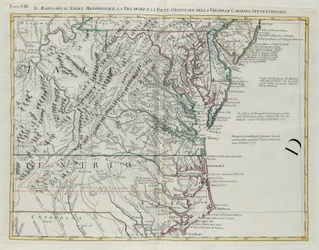 Maryland, sur de Nueva Jersey, Delaware y la parte oriental de Virginia y Carolina del Norte, grabado por G. Zuliani del "Atlas Más Nuevo" publicado en Venecia en 1778 por Antonio Zatta, Colección Privada