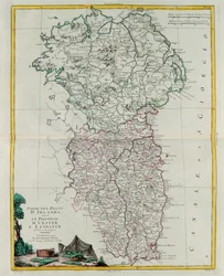 Parte del Reino de Irlanda, es decir, las provincias de Ulster y Leinster, grabado por G. Zuliani tomado del Tomo I del "Atlas Más Nuevo" publicado en Venecia en 1778 por Antonio Zatta, Colección Privada