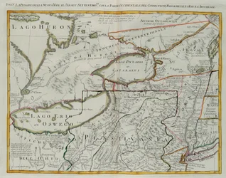 Pensilvania, Nueva York, sur de Nueva Jersey, con la parte occidental de Connecticut, Bahía de Massachusetts y Tierra de los Iroqueses, grabado por G. Zuliani tomado del Tomo I del "Atlas más nuevo" publicado en Venecia en 1778 por Antonio Zatta, Colección