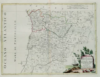 Portugal, es decir, las provincias de Entre Douro, Minho, Traz-os-Montes y Beir, grabado por G. Zuliani tomado del Tomo I del Nuevo Atlas publicado en Venecia en 1776 por Antonio Zatta, Colección Privada