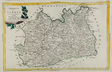 Provincia de Surrey, grabado por G. Zuliani tomado del Tomo I del "Atlas más nuevo" publicado en Venecia en 1779 por Antonio Zatta, Colección Privada