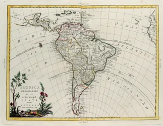 Sudamérica dividida en sus principales Estados, grabado por G. Zuliani tomado del Tomo IV del "Atlas Más Nuevo" publicado en Venecia por Antonio Zatta, Colección Privada