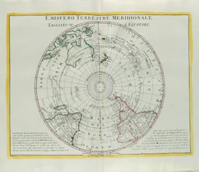 Hemisferio sur de la Tierra cortado en el ecuador, grabado por G. Zuliani tomado del Tomo I del Nuevo Atlas publicado en Venecia en 1779 por Antonio Zatta
