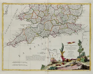 La parte sur de Inglaterra y del Principado de Gales, grabado por G. Zuliani tomado del Tomo I del Nuevo Atlas publicado en Venecia en 1778 por Antonio Zatta, Colección Privada