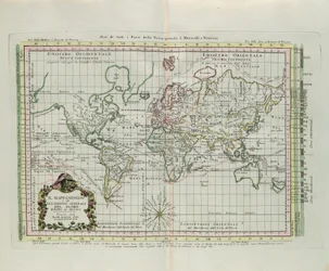 Mapa del Mundo y una descripción general del globo, reducido a una imagen, grabado por G. Zuliani tomado del Tomo I del "Atlas Más Nuevo" publicado en Venecia en 1774 por Antonio Zatta