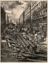 El funicular de Belleville, tendido de la vía, calle de Belleville en 1894. Grabado según el dibujo de M.G. de Burgrraff. En "The Illustrous World" de 1894.