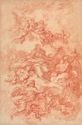 Virgen rodeada de ángeles alados (trazos de grafito y tiza roja)