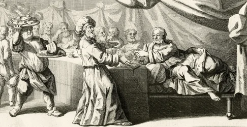 Jesús invitado a cenar con el fariseo, ilustración del Evangelio de San Lucas, capítulo 11:37, 1728