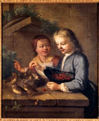 La beca de los niños de Dexu da cerezas a los pájaros. Pintura de Gabriel Gresly (1712-1756) Siglo XVIII Dijon, Museo de Bellas Artes