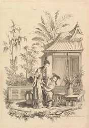 Escena de chinoiserie con figuras en un paisaje, siglo XVIII