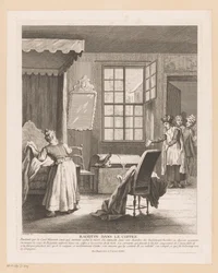 Slaapkamerinterieur conoció a Ragotin en un beso Chismes en el baúl (título sobre el objeto) Escenas de Roman Comique van Scarron (título de la serie)