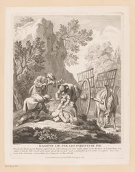 Ragotin durmiendo atado y secuestrado Ragotin lié par les fathers du fol (título sobre objeto) Escenas de Roman Comique de Scarron (título de la serie)