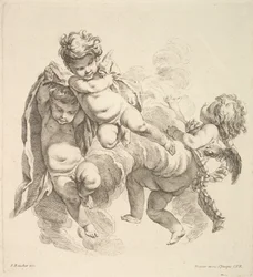 Tres niños entre nubes llevando una cortina
