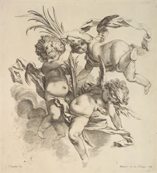 Tres niños entre nubes cerca de una hoja de palma, 1738-45