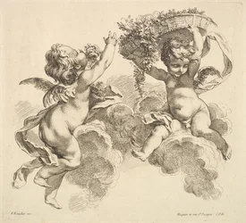 Dos niños, uno sosteniendo una canasta con flores, 1738-45