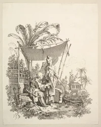 Mujer mostrando curiosidades a un soldado, ca. 1742
