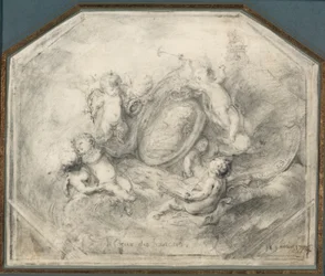 Medallón de retrato del Rey Luis XV rodeado de putti llevando los atributos de la fama y la historia