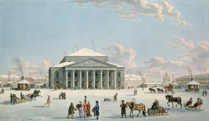 El Teatro Bolshói, San Petersburgo, por Gabriel o Matthias Lory, hacia 1800, según un cuadro de Johann Georg de Mayr, hacia 1790 (grabado).