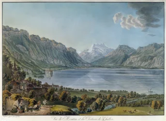 El lago Lemán con Montreux, el castillo de Chillon y los Dents du Midi.
