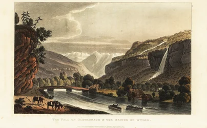 Vista de los glaciares; alpes; cascada y puente sobre el Gadmerwasser en Wiler; Alpes del Oberland Bernés, Suiza