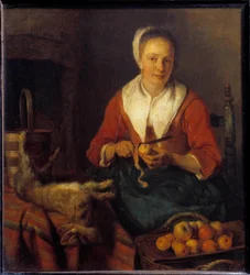 La peladura de la manzana. Una mujer pela manzanas para cocinar con un conejo. Pintura de Gabriel Metsu (1629-1667) Escuela Holandesa