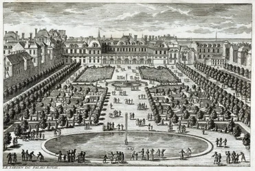 Vista del Parc du Palais Royal en París. Grabado por Perelle, finales del siglo XVII