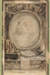 Marco alegórico con un murciélago, c.1769 (dibujo a pluma y tinta)