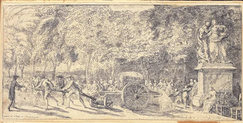 Figuras tirando de un barril en un carrito en los Jardines de las Tullerías, 1760