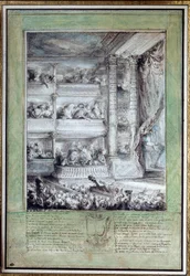 La coronación de Voltaire (1694-1778) en la Comédie-Française el 12/04/1778. Dimensiones: 0,35 x 0,24 m. París, Musée du Louvre