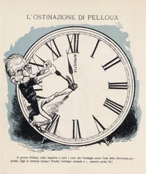 Viñeta del Presidente del Consejo de Ministros italiano Luigi Pelloux (1839-1924) que buscaba por todos los medios sujetar el reloj para que sonara la hora de la liberación general en 1898. Su gobierno era muy militarista y conservador. Viñeta de Gabriele 