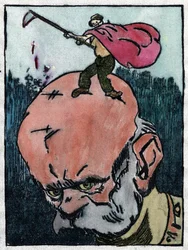 Francisco José I de Austria con sobre su cabeza la muerte exclamando ¡Qué cabeza más dura! 1915 (grabado)