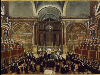 Ceremonia de toma de hábito de una monja en la Iglesia de San Lorenzo en Venecia (detalle). Pintura de Gabriele Bella (1730-1799) 1789 Dim 94x148 cm Venecia, Fondazione Querini Stampalia