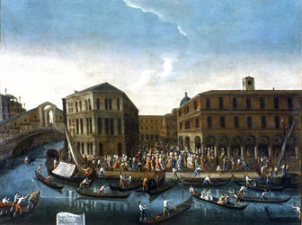 Paso de los representantes de la ciudad al Rialto. Pintura de Gabriel Bella. Segunda mitad del siglo XVIII. Galería de imágenes Querini Stampalia, Venecia (?)