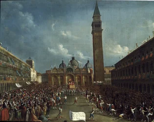 Procesión del dogo y distribución de dinero a los ciudadanos en la Plaza de San Marcos (Il doge portato in corteo in piazza San Marco a Venezia distribuisce denaro ai cittadini). Pintura de Gabriele Bella (ca. 1730-1799). Venecia, Fondazione Querini Stampa