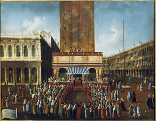Lotería pública en la Loggetta, la Plaza de San Marcos, Venecia - El juego de la lotería en la Loggetta en la Plaza de San Marcos en Venecia